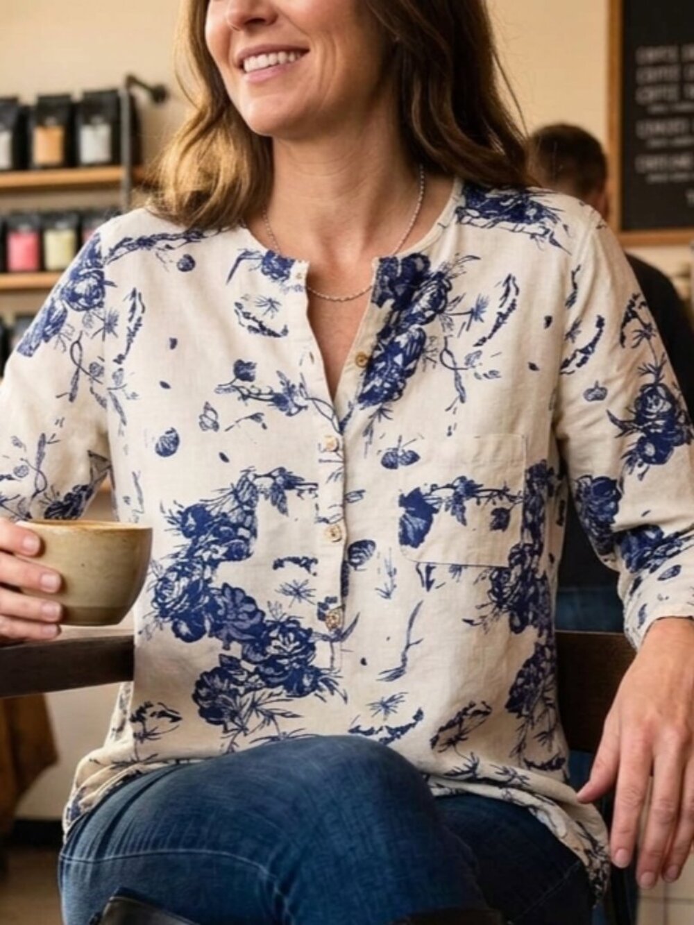 Plain Edge Womens Linen Blend Blouse XXL White/Navy Quiet Luxury Preppy